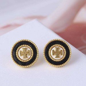 Tory Burch Black Milgrain Leather Circle Stud Earrings